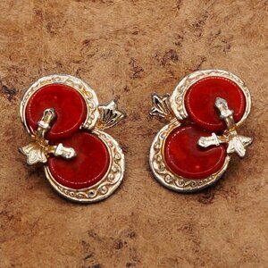Vintage ART Bakelite Earrings Rust Red-Orange W/ Floral Motif Antique Gold Tone